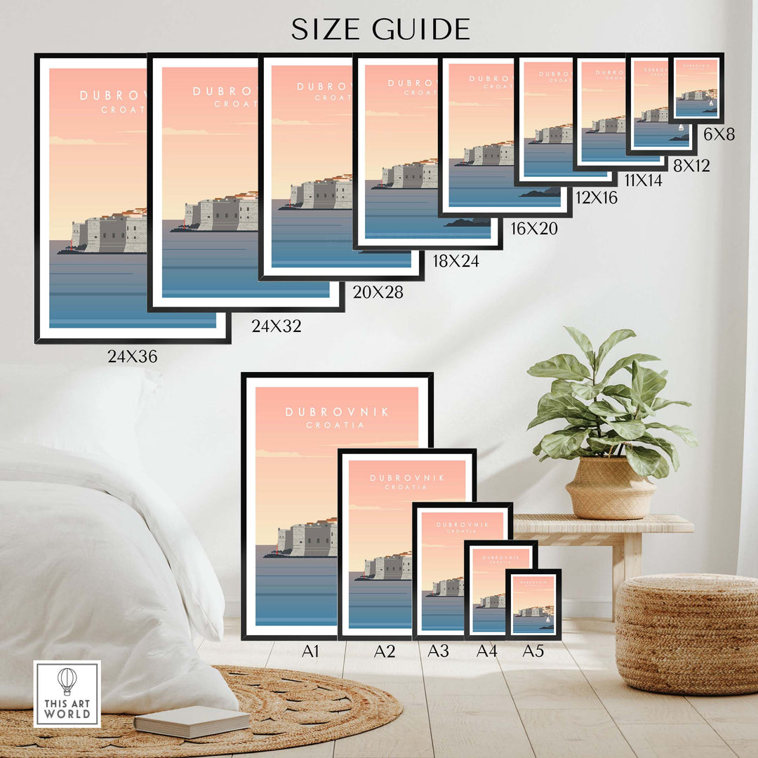 Size guide for Dubrovnik Print Wall Art Poster featuring various frame sizes and styles.