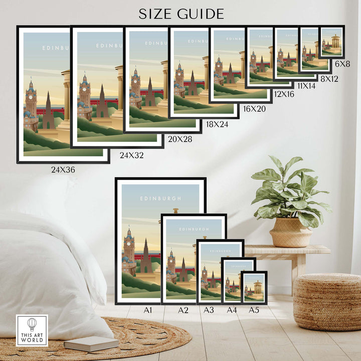 Size guide for Edinburgh Wall Art Poster showcasing various frame sizes and styles in a contemporary living space.