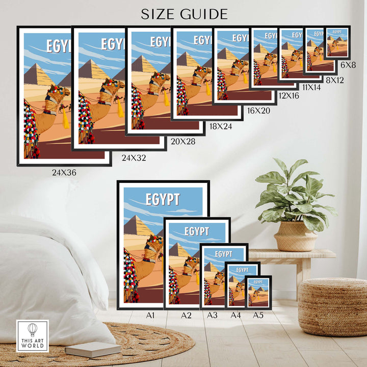 Size guide displaying Egypt Wall Art Prints in various sizes, showcasing minimalist vintage travel poster design.