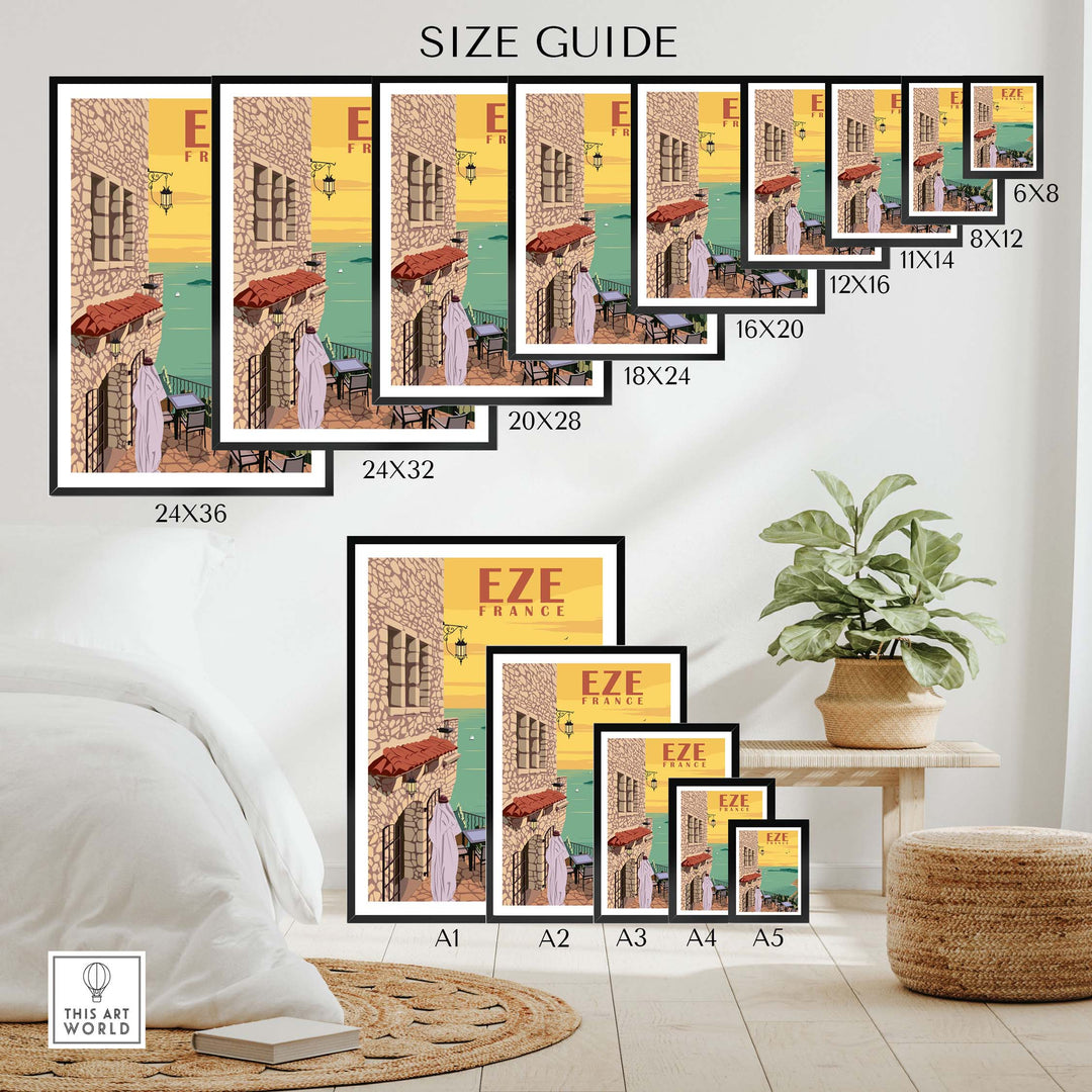 Eze France Poster Print size guide showcasing various frame sizes for stylish wall art.