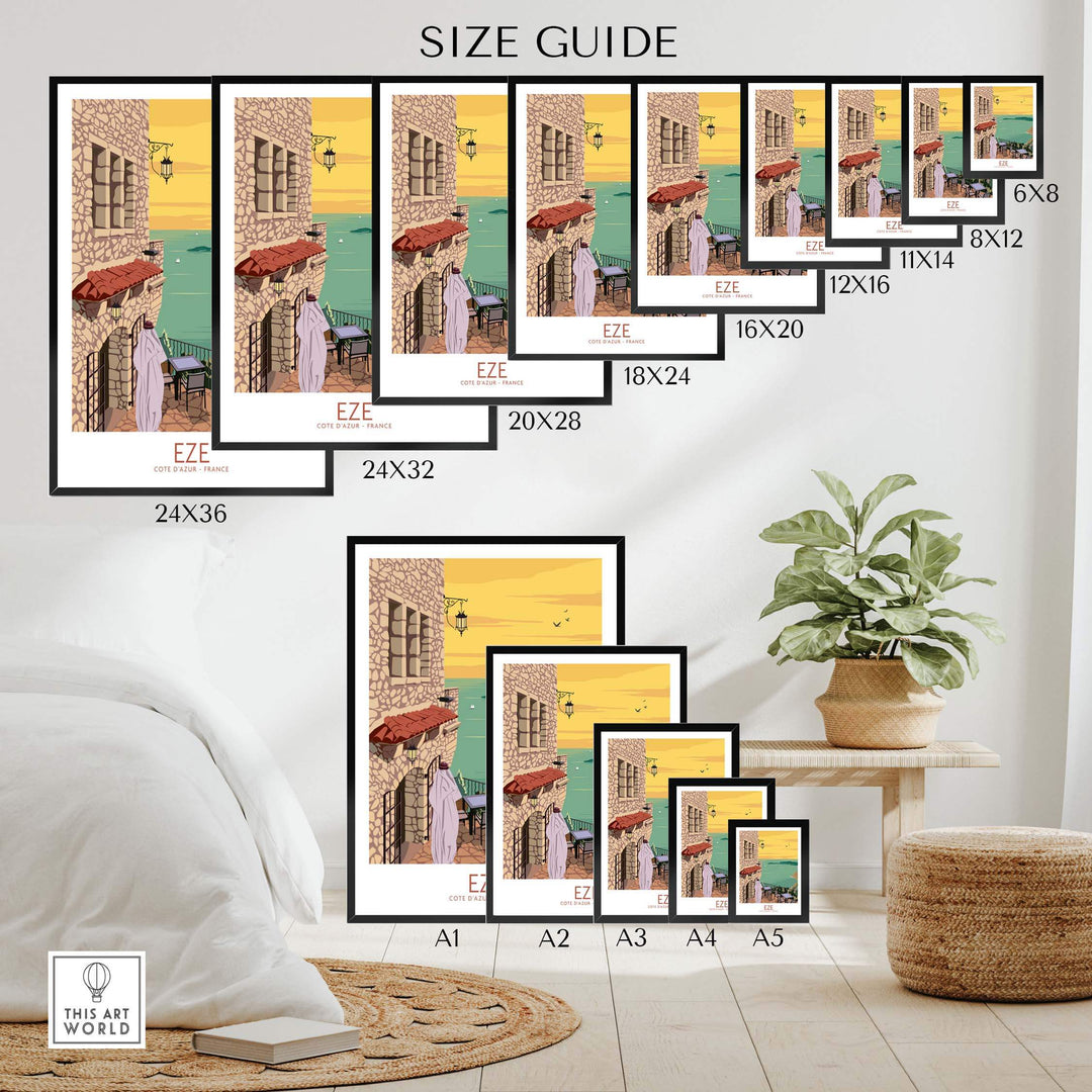 Eze Print France Travel Poster size guide showcasing various framed and unframed dimensions for wall art.