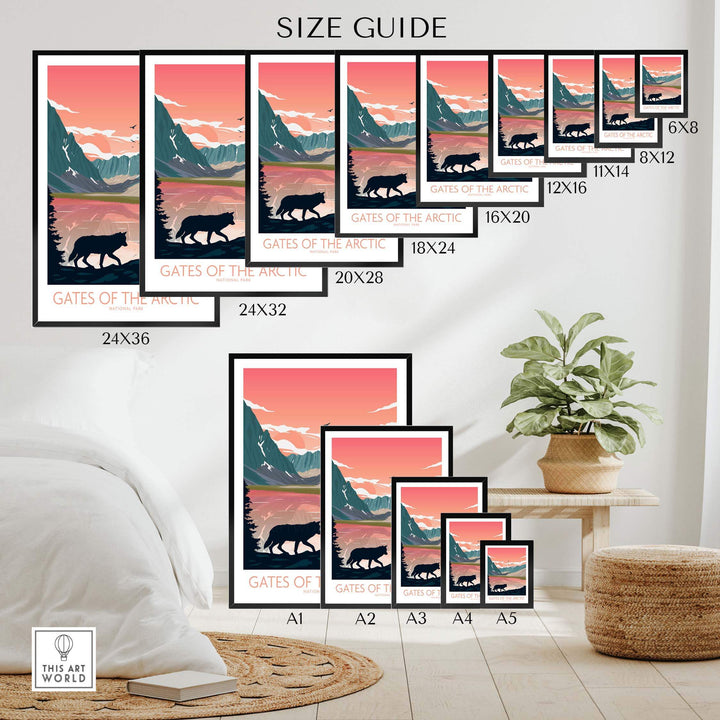 Gates of the Arctic National Park poster size guide showcasing various frame sizes and styles.