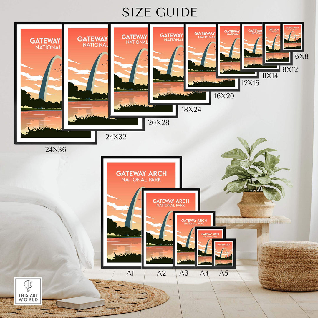 Size guide for Gateway Arch National Park print showing available frame sizes and styles.