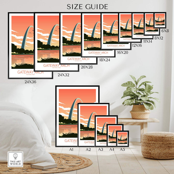 Size guide for Gateway Arch National Park Poster art print in various dimensions arranged in a modern decor setting.