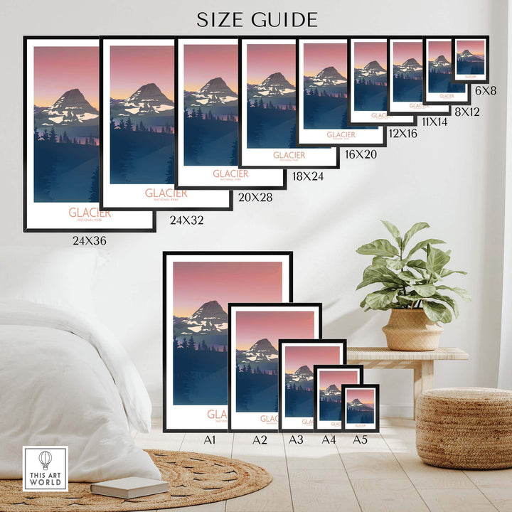 Size guide for Glacier National Park art print showing various dimensions and framing options in a stylish room setting.