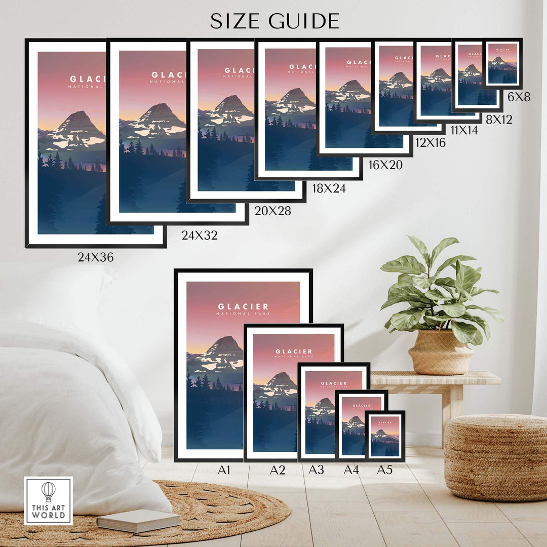 Size guide for Glacier National Park art prints showing various framed and unframed options.