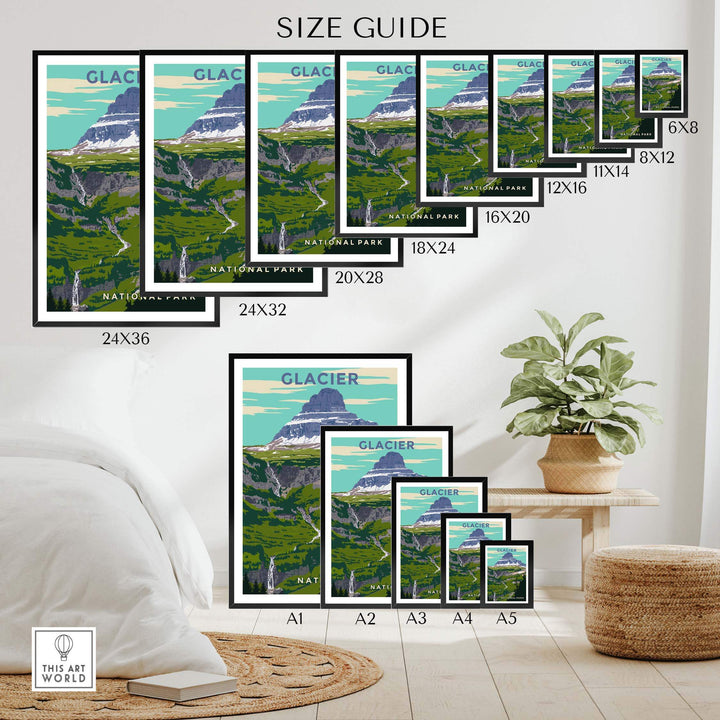 Size guide for Glacier National Park print showcasing various frame sizes in a stylish home setting.