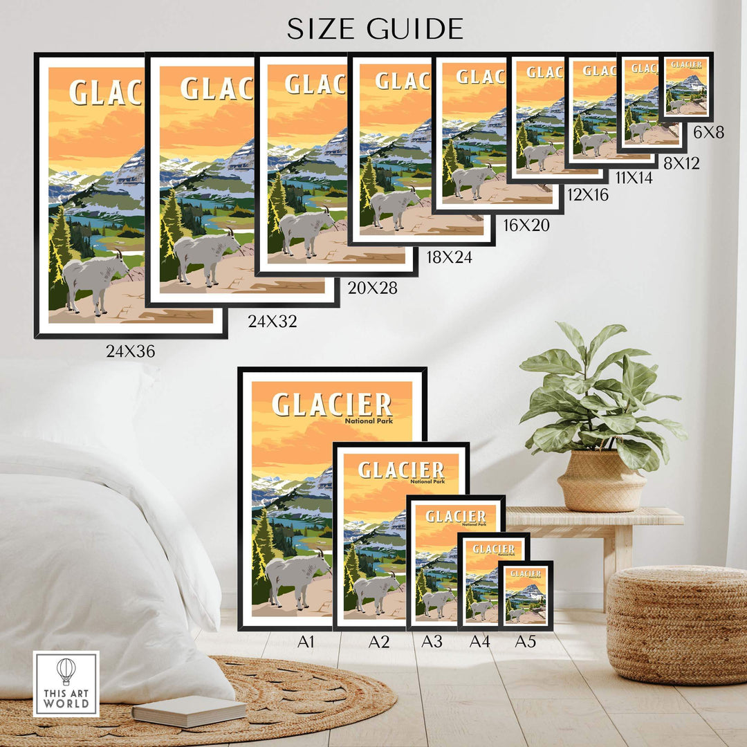 Size guide for Glacier National Park poster prints showing various frame sizes and prints in a stylish home setting.