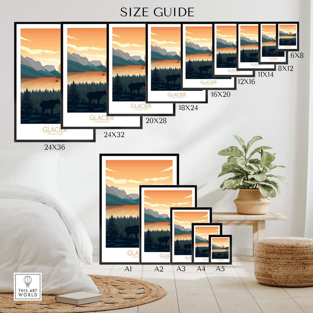 Size guide for Glacier National Park posters in various dimensions, showcasing minimalist mountain art prints.