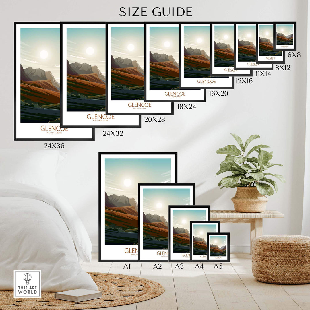 Size guide for Glencoe National Park art print showing various dimensions and framing options in a stylish interior setting.