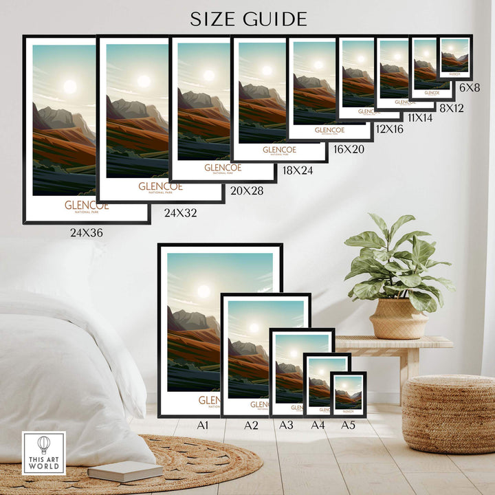 Size guide for Glencoe National Park art print showing various dimensions and framing options in a stylish interior setting.