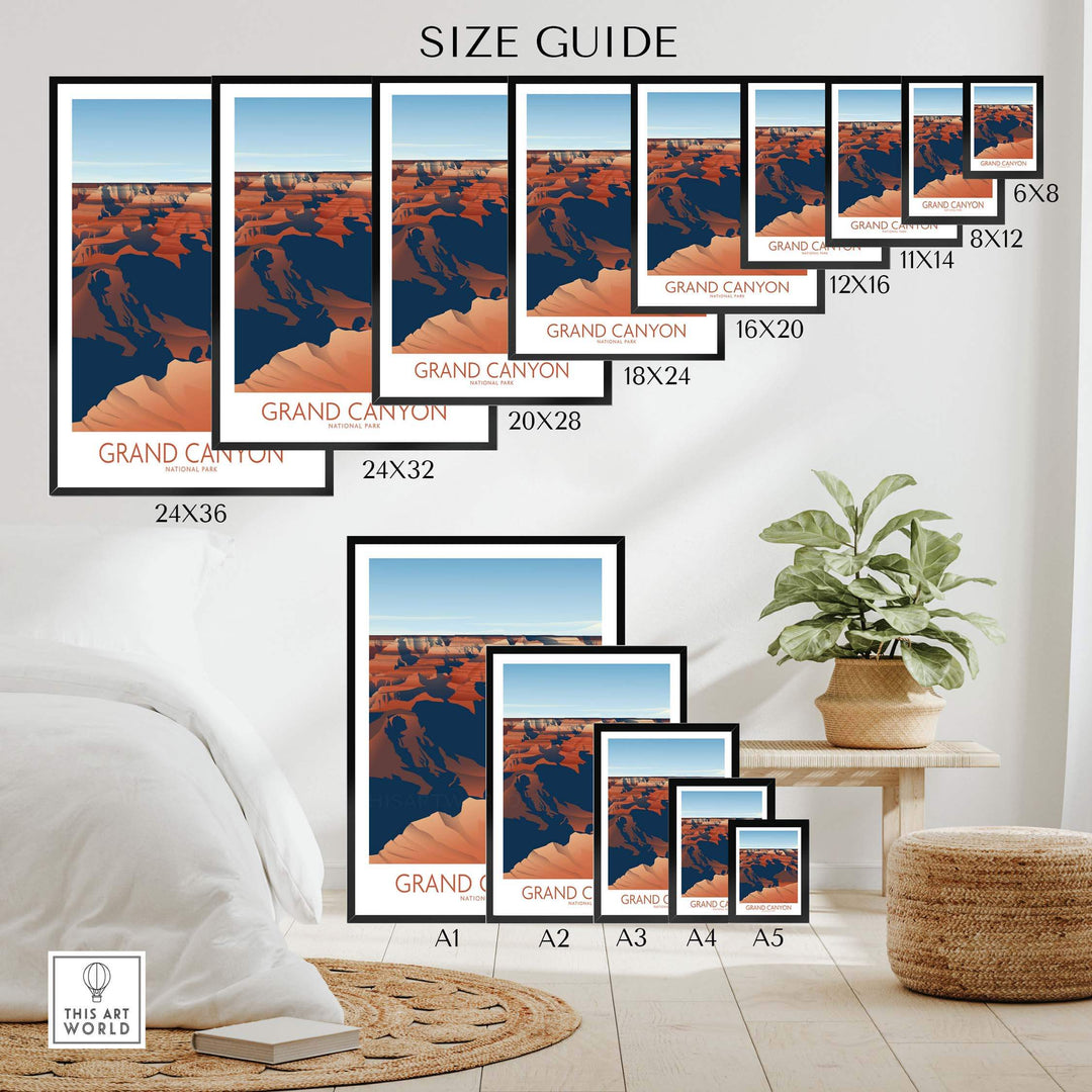 Size guide for Grand Canyon National Park Art Print in various dimensions, displayed in a stylish home setting.