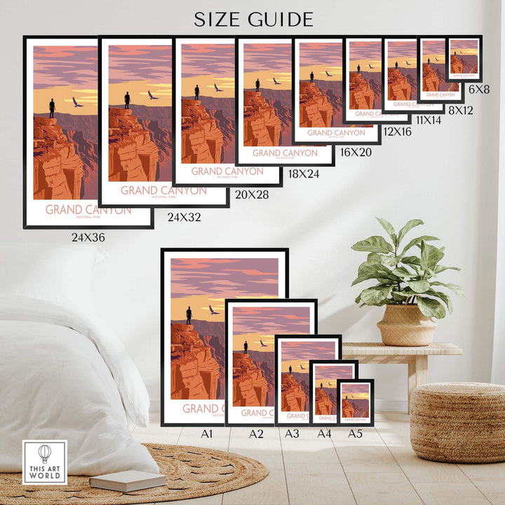 Size guide for Grand Canyon Poster Print showcasing various frame sizes and wall art display options.