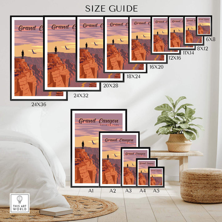 Grand Canyon National Park Print size guide with framed and unframed options displayed in a stylish home setting.