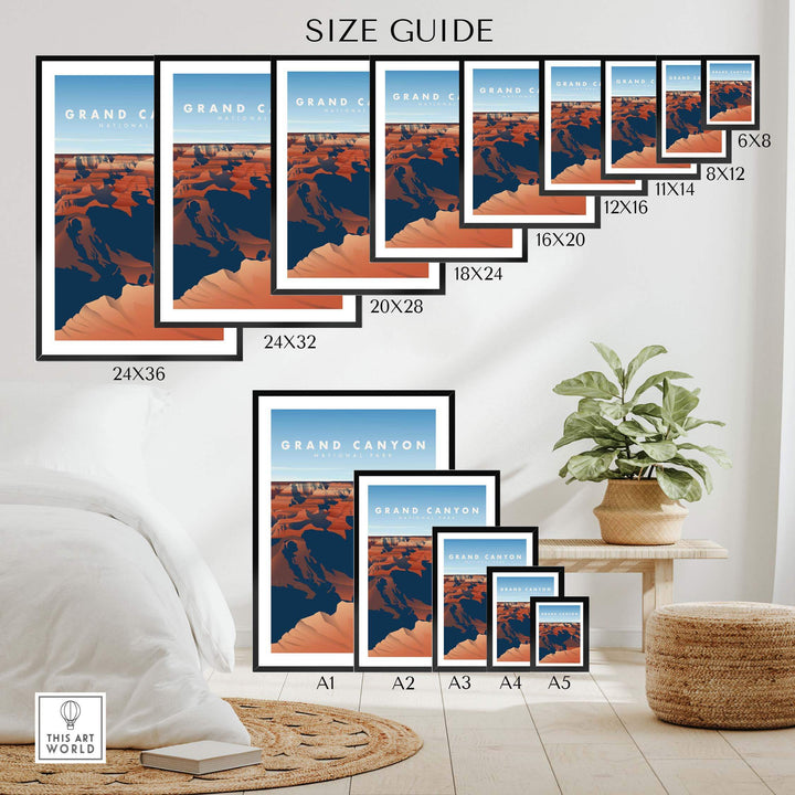 Size guide for Grand Canyon National Park art prints displayed in various frame sizes in a stylish home setting.