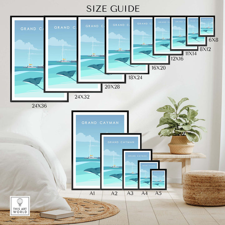 Size guide for Grand Cayman Wall Art Posters in various dimensions showcased in a stylish living space.