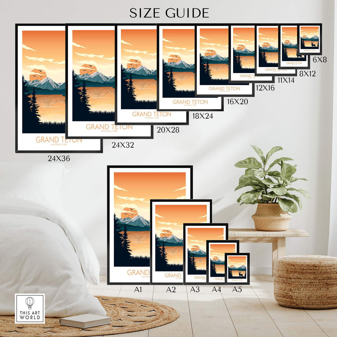 Size guide for Grand Teton National Park poster art prints showing various frame sizes in a stylish living room setting.