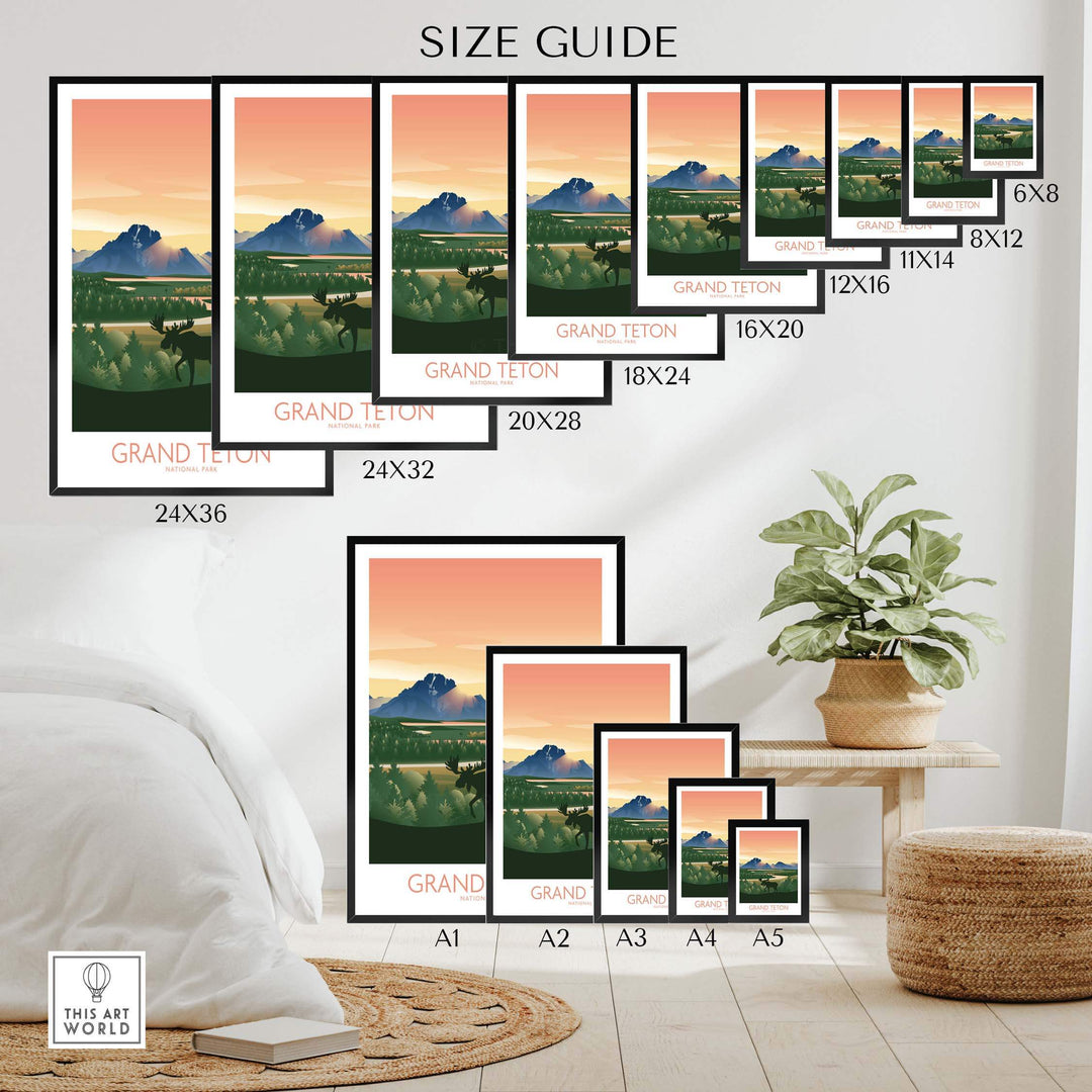 Size guide for Grand Teton National Park art print showcasing various frame options and dimensions for home decor.