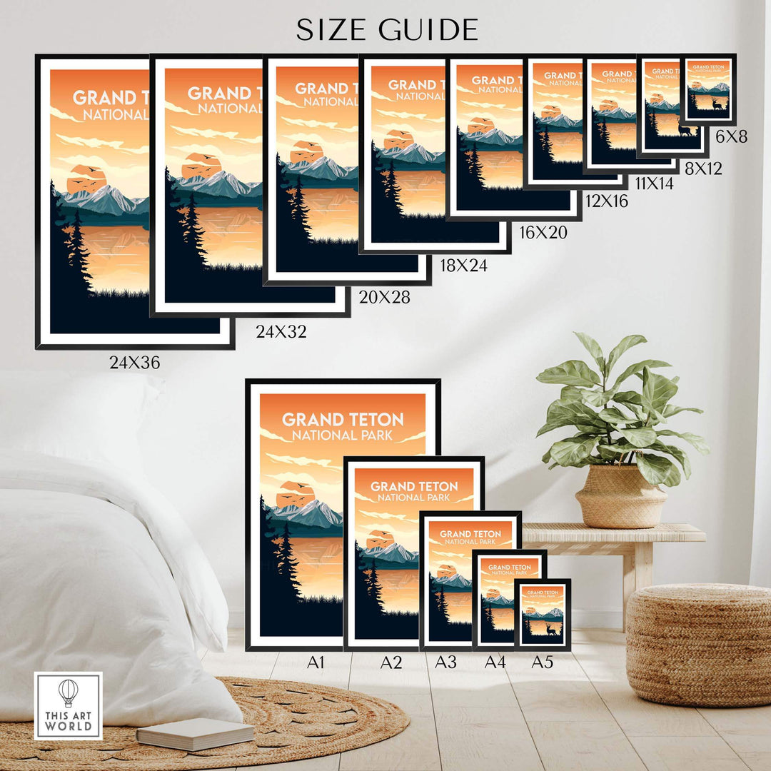 Size guide for Grand Teton Print | National Park Poster displaying various frame sizes and styles.