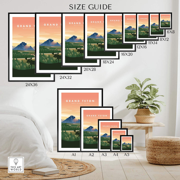 Size guide for Grand Teton National Park art prints, showcasing various frame sizes and designs.