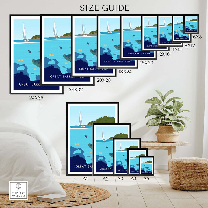 Size guide for Great Barrier Reef Print showing various frame sizes and layout options in a stylish room setting.