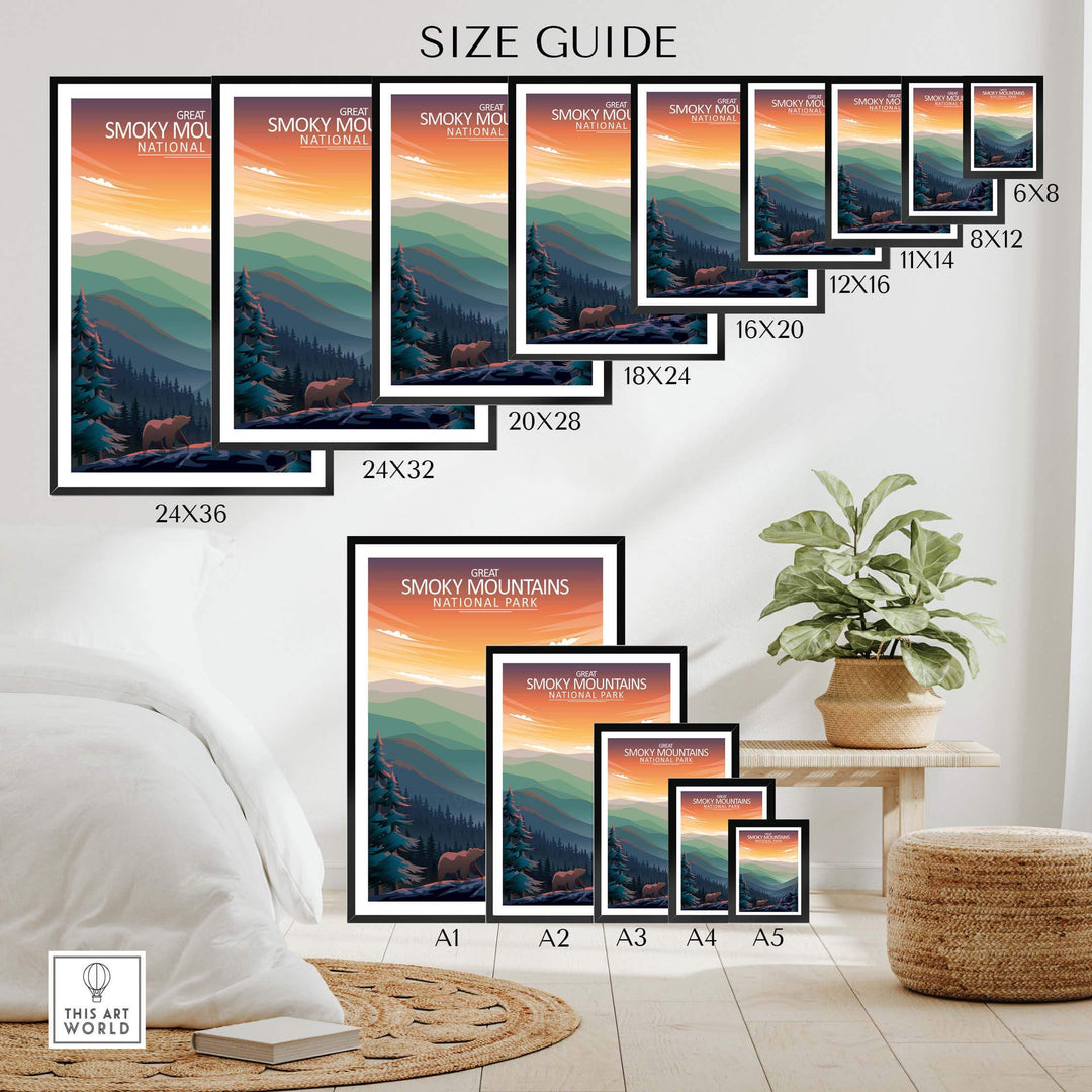 Great Smoky Mountains Print size guide for National Park poster options framed and unframed on display.