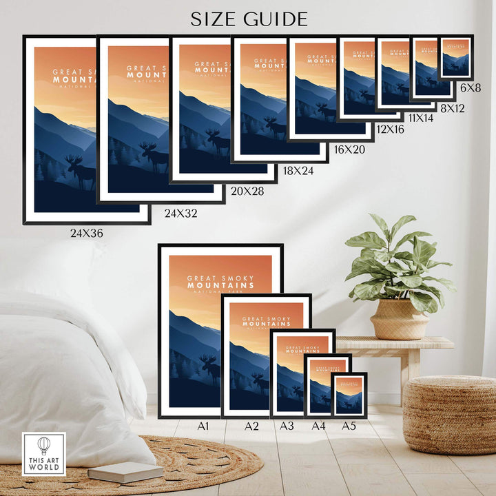 Size guide for Great Smoky Mountains Art prints showcasing various frame sizes and styles.