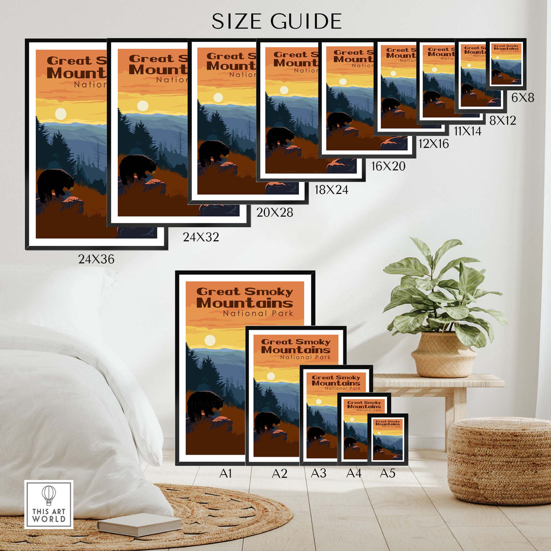 Size guide for Great Smoky Mountains National Park Print with various frame options and dimensions displayed.