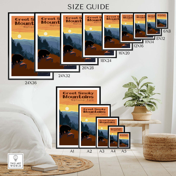 Size guide for Great Smoky Mountains National Park Print with various frame options and dimensions displayed.