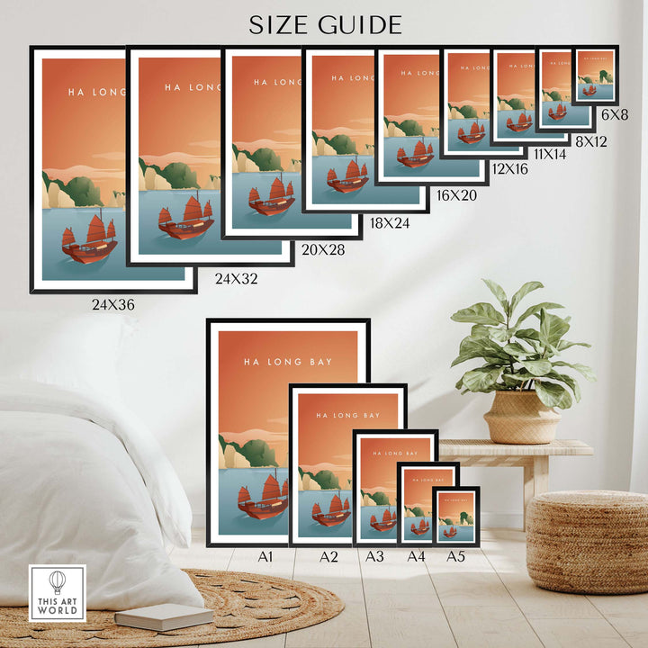 Size guide for Ha Long Bay Wall Art Poster in various dimensions displayed in a styled living room setting.