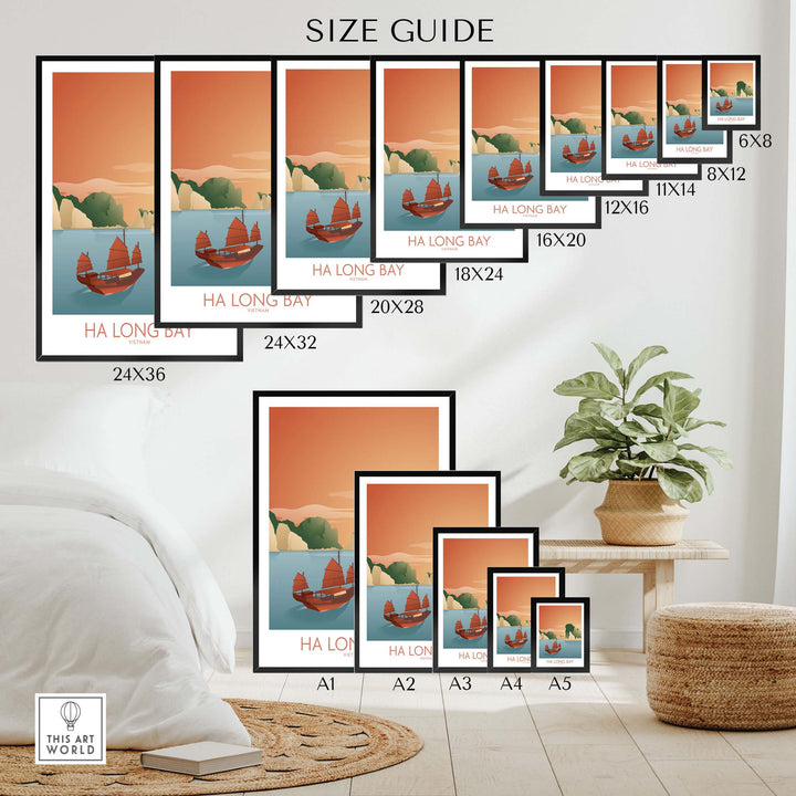 Ha Long Bay Wall Art size guide with various print sizes displayed in a stylish home setting.
