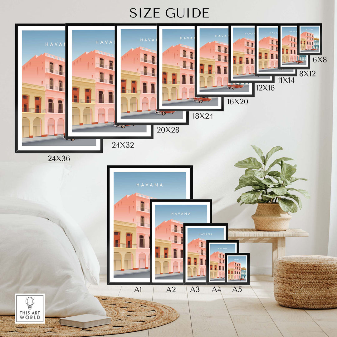 Size guide for Havana Wall Art Poster showcasing various print sizes and framed/unframed options in a stylish setting.