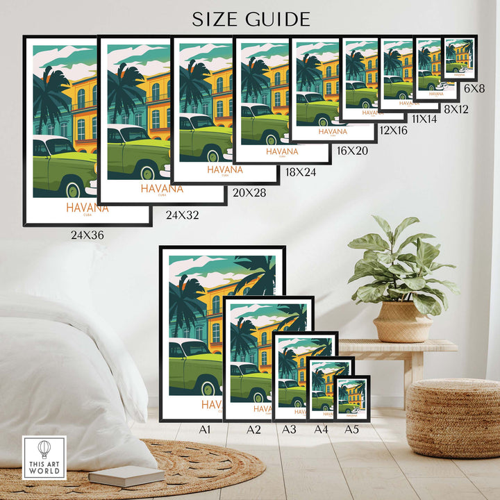 Havana Cuba Poster Print size guide showcasing various frame sizes for stylish wall art in home decor.