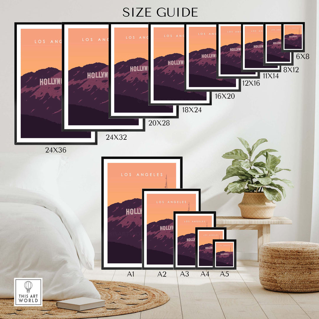 Size guide featuring Hollywood Sign print wall art posters in various dimensions for stylish decor options.