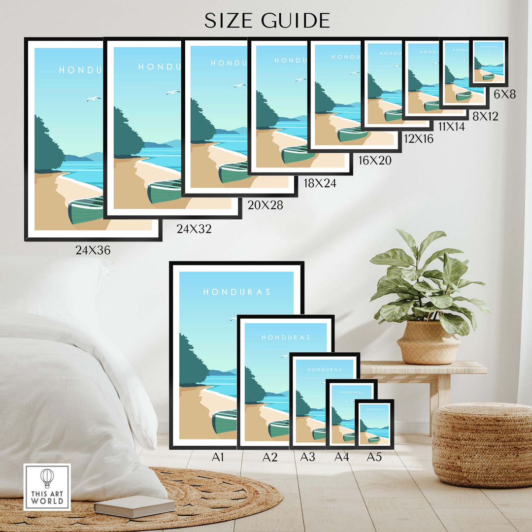 Honduras Print size guide showcasing various framed and unframed prints for stylish wall art.