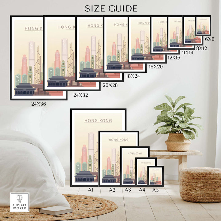 Size guide for Hong Kong skyline wall art prints displayed in various dimensions, showcasing style and design options.