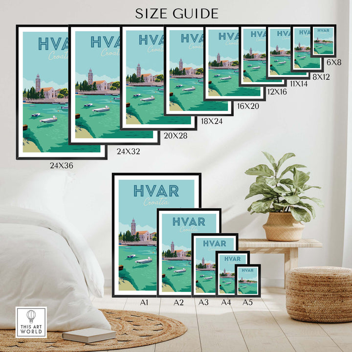 Size guide for Hvar Croatia Print Poster Wall Art showing various frame sizes for home decor.