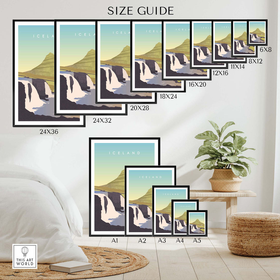 Size guide for Iceland Print Wall Art Poster showcasing various print sizes in a cozy interior setting.