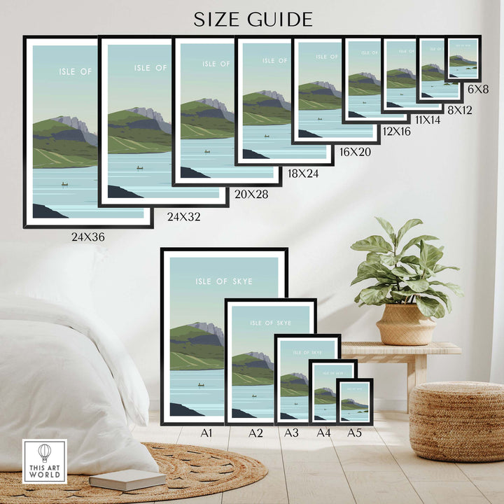 Size guide for Isle of Skye Poster Print displaying various frame sizes on a stylish interior wall.