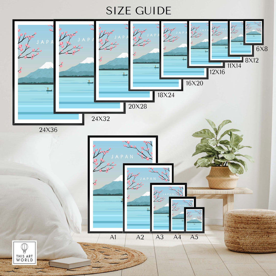 Size guide for Japan Print Wall Art Mount Fuji Poster in various frame sizes for home decor.