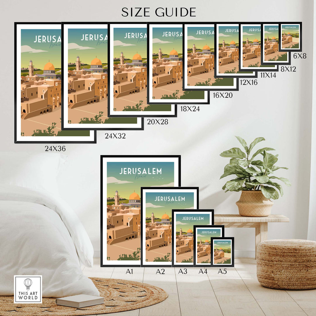 Jerusalem travel poster print size guide showcasing various frame options for stylish home decor.