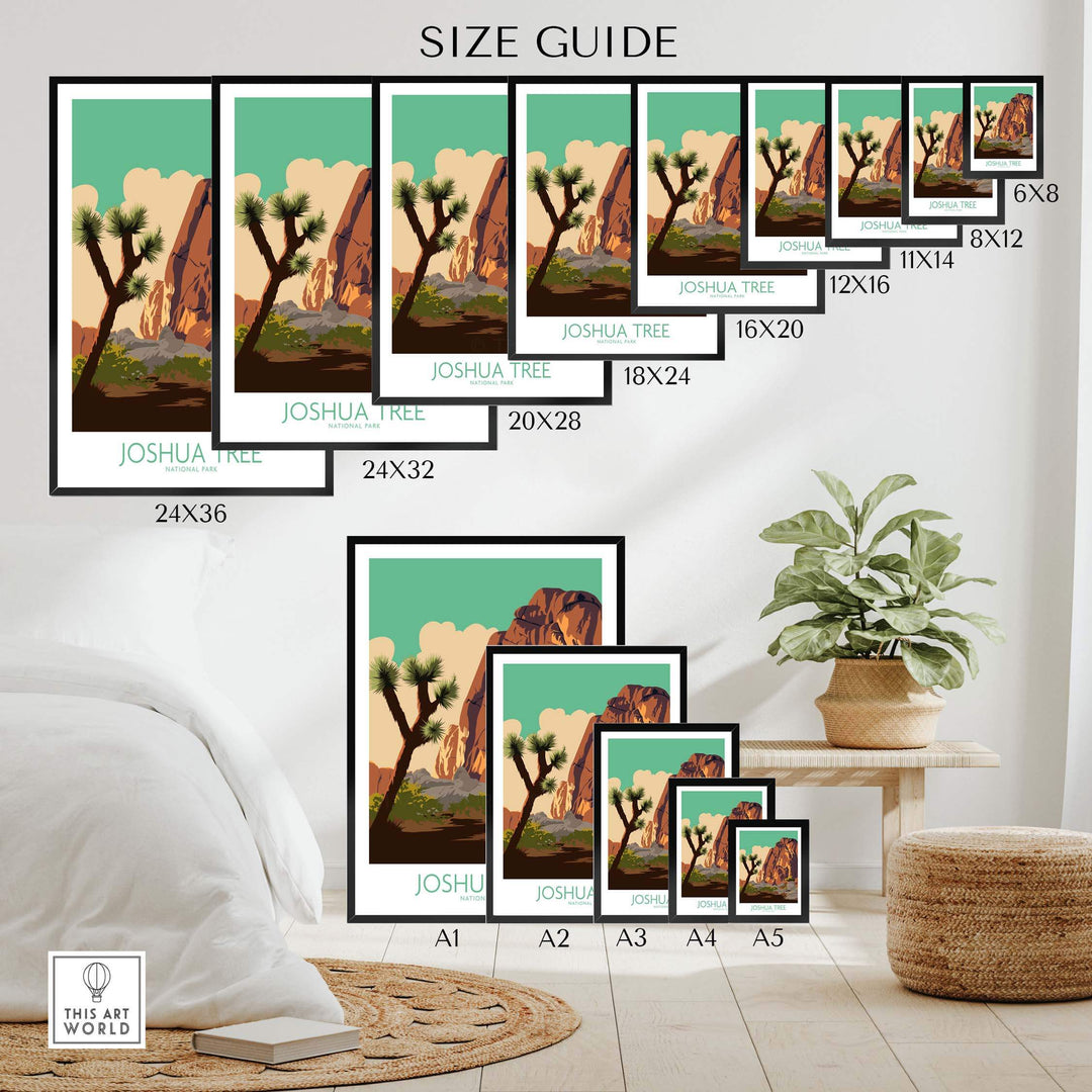 Size guide for Joshua Tree Poster Prints showcasing various dimensions and framing options in a stylish interior setting.