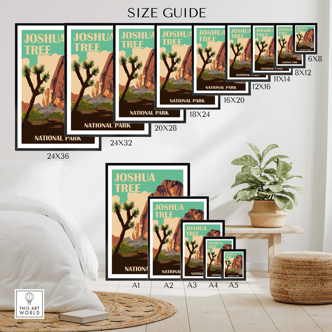 Joshua Tree National Park print size guide showcasing various frame sizes for stylish wall art.