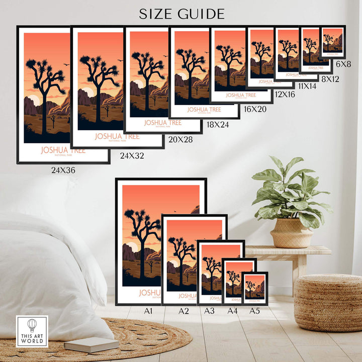 Size guide for Joshua Tree National Park wall art posters in various dimensions, showcasing minimalist design.