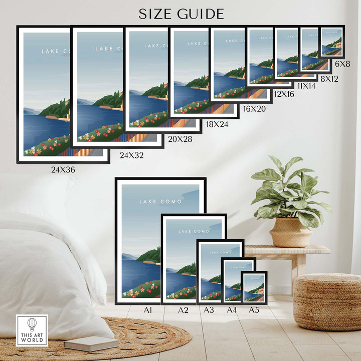 Size guide for Lake Como Wall Art Poster displaying various frame sizes and home decor setup.