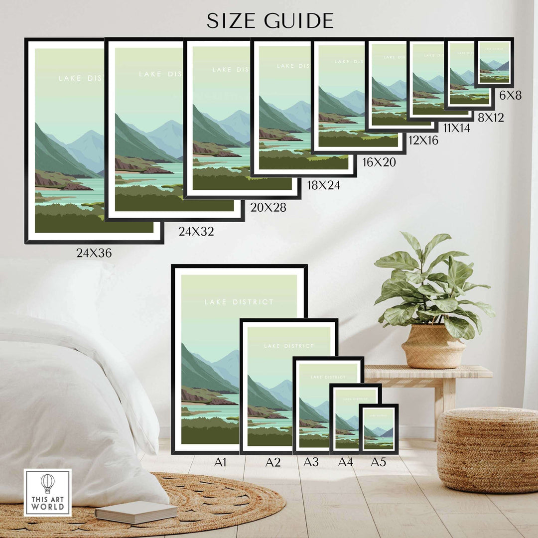 Lake District Print Wall Art Poster size guide showcasing various frame sizes in a stylish home setting.