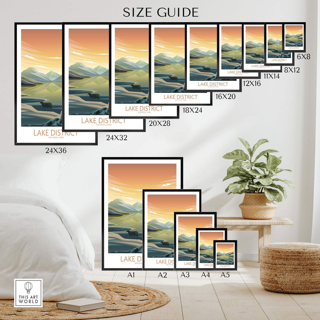 Size guide for Lake District National Park poster in various frames and dimensions.