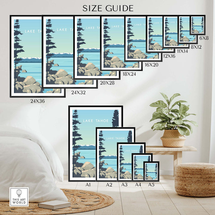 Size guide for Lake Tahoe Print Wall Art Poster showcasing various frame sizes for home decor.