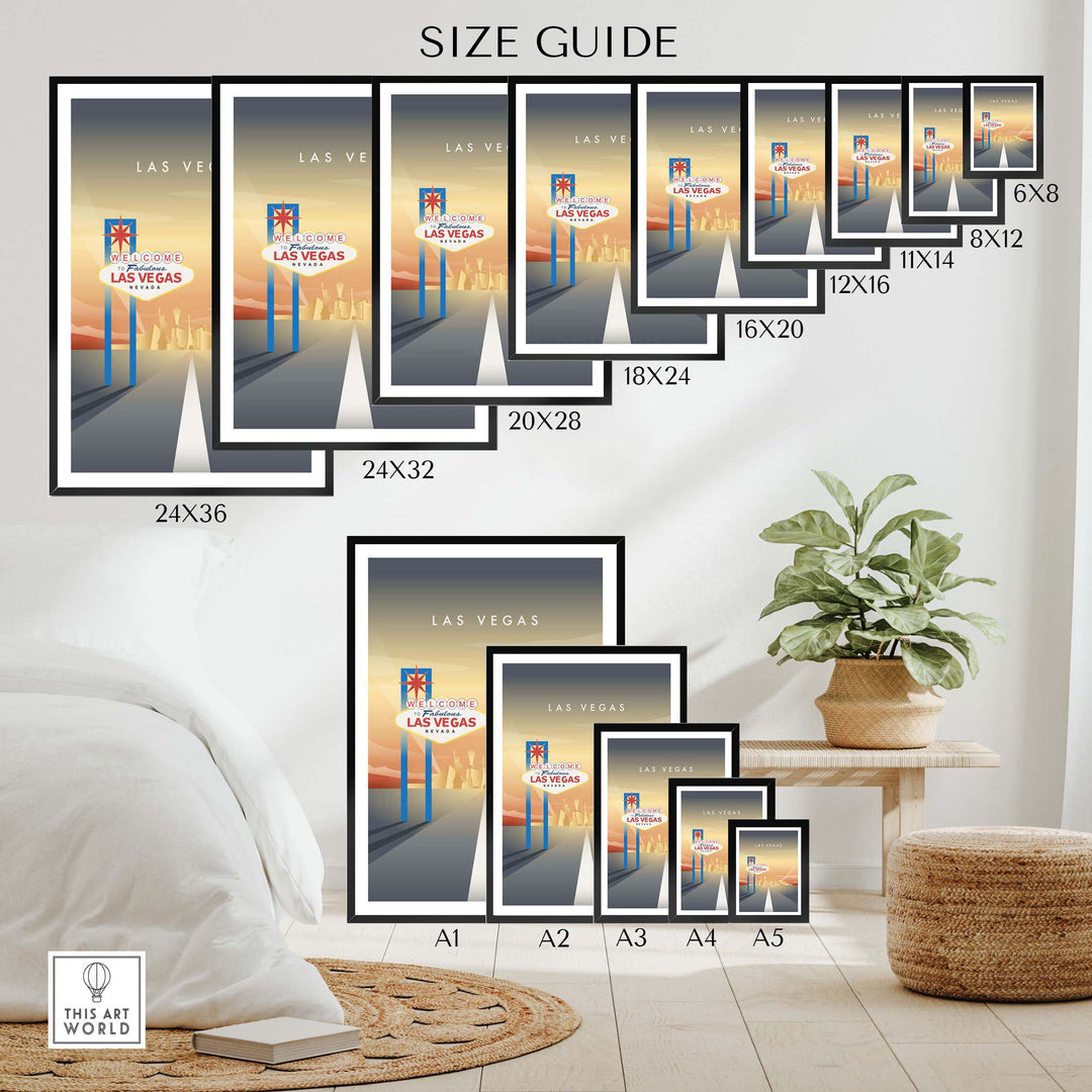 Las Vegas Wall Art Poster size guide showcasing various frame sizes for stylish home decor.