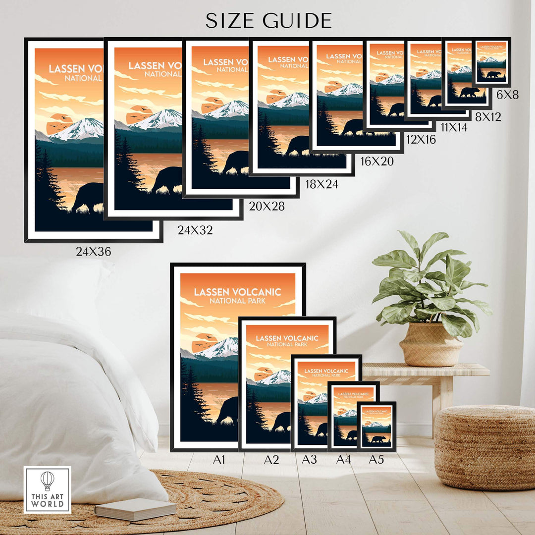 Lassen Volcanic National Park Poster size guide with various frame options displayed in a stylish interior setting.